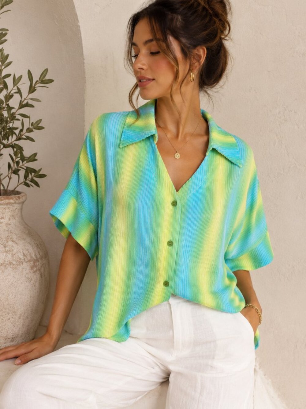 Jodifl Pleated Stripe Blouse Blue Green Lime Flowy Oversized Coastal Med